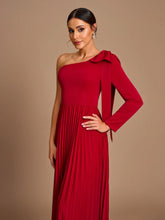 Elegant, Romantic, Dignified, Red, Sloping Shoulders, Long Sleeves, Bow, Pleated, Waist, A-Hem, Wedding Event, Bridesmaid Dress